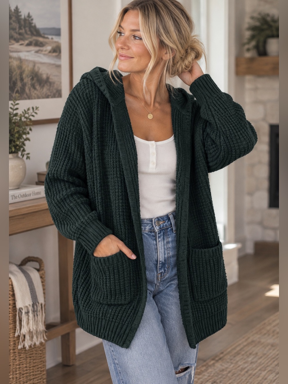 L.L.Bean Women’s Medium Green Hooded Cardigan Chunky Waffle Knit Sweater